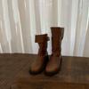 A Fábrica Está no Processo de Produzir Mercadorias! Botas de Cano Médio Estilo Coreano com Fenda Traseira e Tampa Flip-Top Bidirecional, Botas Martin Retro Versáteis com Salto Grosso, Botas Curtas para Mulheres