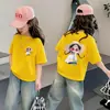 Camiseta de Manga Corta de Algodón Puro para Niñas, Top de Ropa Infantil de Dibujos Animados Moderno y a la Moda, Camiseta Casual Versátil de Cuello Redondo para Bebés Niñas, Manga Media