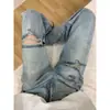 Jeans Retrô Azul Rasgado de Perna Reta para Mulheres, Novo Estilo de Verão, Tamanho Plus, Calça de Cintura Alta Afunilada de Perna Larga para Figuras em Formato de Pera