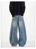 Calça jeans de sarja lavada para homens, calça comprida de marca trendy estilo high street, perna larga reta solta, estilo outono, perna larga solta, calça estilosa para casal