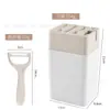 Conjunto de facas de aço inoxidável com sete peças, apresentando cabo horizontal e um bloco de facas quadrado, um conjunto de facas de cozinha de 7 peças