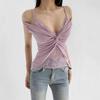Foto Real de Elegante Estilo Coreano Verano 2025 Puro y Sexy Ajustado Patchwork de Encaje Cuello Halter Picante Cuello en V Camiseta sin Mangas para el Trabajo