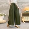 Pantalones anchos nuevos de algodón y lino para mujer, verano, delgados, estilo étnico, culottes bordados, holgados, talla grande, pantalones de lino para mujer