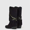 Botines cortos de cuero suave con punta y flecos para mujer, estilo vintage perezoso, tacón grueso, botas de moda western estilo nómada hasta la pantorrilla