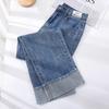 Jeans de Perna Reta Feminino 2024 Tendência Borda Enrolada Laço Laço Calça Casual Curta Cropped