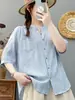 Camisa listrada de algodão puro com decote V para mulheres, manga média, corte solto, versátil, branca, top leve, camisa de malha torcida, modeladora e moderna