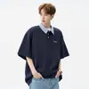 Camisa Polo Retrô de Manga Curta Estilo de Rua Americano para Homens no Verão Casual Solta Estilo College Camiseta Xadrez com Gola