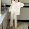 Pijama de Rayón para Mujer Primavera y Otoño Delgado Simple Cárdigan Manga Larga Pantalón Largo Conjunto Holgado para Estar en Casa y al Aire Libre