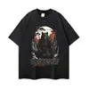 Camiseta vintage desgastada, estilo guerrero monstruo japonés, manga corta oversized lavado pesado, en stock transfronterizo