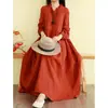 Nuevo Vestido Artístico Vintage Otoño 2026, Estilo Bosque Corte Holgado, Cuello Fruncido, Por Encima de la Rodilla, Falda Completa, Vestido Largo de Color Sólido