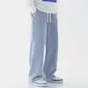Jeans Azul Claro de Cintura Elástica para Hombre Talla Grande Sueltos Rectos Pierna Ancha Casual Versátil Longitud de Piso Cordón Pantalones Largos
