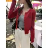 Cárdigan de punto rojo para mujer, perfecto para primavera y otoño, con un tacto suave y lujoso, un diseño de lazo y bordados elegantes.