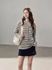 Suéter informal de punto para mujer, estilo coreano, con capucha, manga larga, a rayas, para otoño, corte holgado, simple y versátil 2610