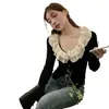 Elegante cárdigan de punto con volantes estilo francés para mujer, Nuevo top ajustado de manga larga corta estilo Hepburn Otoño 2026