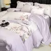 Novo Conjunto Floral Bordado Simples de Algodão de Fibra Longa e Cetim de Quatro Peças Lençol de Cama e Lençol com Elástico de Algodão Puro Comércio Atacadista