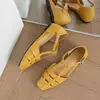 Sandalias tejidas huecas en forma de T para cerdo para mujer, punta cuadrada, suela plana, hebilla lateral, punta cerrada, sandalias romanas, zapatos casuales para mujer de primavera y verano