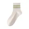 Meias Zhuji Femininas Primavera 7A Antibacterianas Meia Cano Médio Absorventes de Suor Respiráveis Femininas Listradas Duas Listras Casuais Modernas Meias DEY