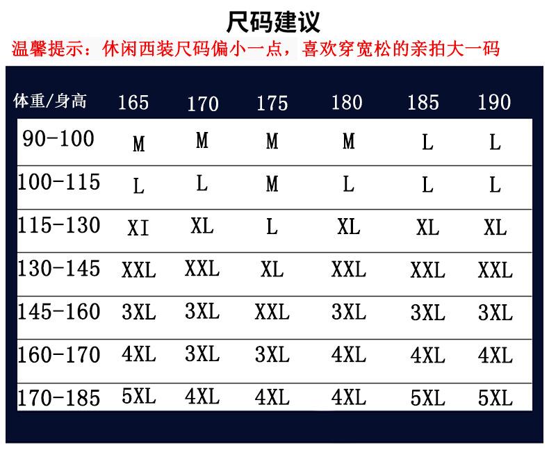 身高尺码表西装6码新