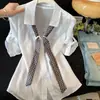 Camisa de Manga Corta con Cuello de Bufanda de Seda de Lunares Nueva de Verano 2026 para Mujer, Holgada y Adelgazante, Top de Manga Tres Cuartos