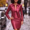 Ropa de Mujer de Dos Piezas Moda Profesional Europea y Americana Transfronteriza Nueva Falda de Cadera con Tirantes de Cuero PU Cardigan de Manga Larga con Solapa