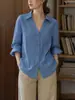 Panii tom azul conta manual Lyocell Tencel azul texturizado gola V feminina versátil top solto