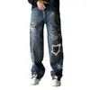 Jeans Estampado de Marca da Moda Novo Versátil Reto High Street Lavado Graffiti Design Pintado à Mão Solto Perna Larga Calças Longas