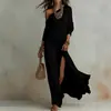 Vestido de Punto Plisado Elegante de Manga Larga con Abertura para Mujer, Nuevo de Verano 2026, Estación Independiente Europea y Americana