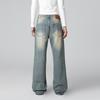 Procesamiento y Personalización de Jeans Casuales Sueltos Rectos de Color Azul Nostálgico y Blanco Lavado con Jeans de Pierna Ancha de Longitud Completa
