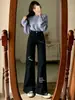 Jeans acampanados elásticos con graffiti Chao Li Youhuo para mujer, otoño, corte holgado, no apretados en las piernas, pantalones de campana de pierna ancha para personas menudas