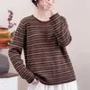 Tejido de Punto de Hilo de Algodón a Rayas Retro para Mujer, Holgado Artístico, Cuello Redondo, Manga Larga, Capa Base Casual, Suéter Versátil