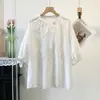Colección de Verano 2026: Camisa de Manga Corta para Mujer con Bordado Jacquard, Cuello Alto, Corbata, Holgada