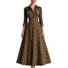Vestido Feminino Longo Estampado de Leopardo com Gola Reversível e Mangas Longas, Nova Moda Europeia e Americana Transfronteiriça Outono/Inverno 2026