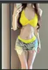 Traje de baño para mujer, estilo de celebridad de internet, amarillo limón, favorecedor, bikini de triángulo de dos piezas, estilo puro y sexy, para bustos pequeños, chica sexy, vacaciones, aguas termales
