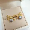 2026 Pendientes de Encaje con Lazo y Perlas Naturales Estilo Retro Francés Pendientes de Alta Gama Aguja de Plata S925