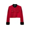 Elegante jaqueta estilo Chanel, jaqueta curta de tweed de alta qualidade, moda feminina outono 2026, top vermelho primavera e outono