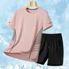 Conjunto Masculino de Manga Curta de Seda Gelada 2026 Verão Novo Conjunto de Duas Peças Casual Esportivo Outdoor para Corrida Casal Jovem