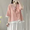 Nova camisa estilo chinês com carcela diagonal e fechamento por botões, feminina, verão, mistura de algodão e linho, design Hanfu modernizado, vestido de chá inspirado em Zen, top estilo étnico, adequado para figuras petites