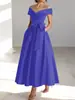 Amazon Europeo y Americano Vestido de Satén para Mujer Color Sólido Hombros Descubiertos Longitud Media Vestido de Fiesta de Noche Elegante y Ceñido