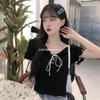 Camiseta Top de Punto Popular de Verano para Mujer de Manga Corta 2024 Nuevo Diseño Nicho Cuello en V Tirantes Look Adelgazante Pequeño Fresco