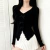 Suéter de Punto con Cuello de Volantes y Lazo para Mujer, Capa Base Dividida para Primavera y Otoño que Ceñe la Cintura