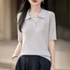 Nuevo Top de Punto Suelto de Manga Corta con Cuello Polo de Tencel y Lino para Mujer Primavera/Verano Talla Grande