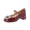 Sapatos Mary Jane de couro completo com fivela quadrada de strass brilhante 2022 outono novo salto médio grosso bico quadrado sapatos de couro envernizado de ovelha de fada