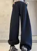 Pantalones de chándal casuales gruesos con forro polar de estilo retro americano para mujer, nuevo estilo Invierno 2025, diseño holgado, pantalones de pierna ancha de cintura alta para mujer