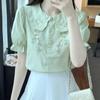 Camisa de Algodão Puro Bordada com Gola Baby Doll para Mulheres, Elegante 100% Algodão Moda Verão 2026 Top Solto e Fresco
