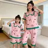 Pijama Infantil de Verão Meninas Manga Curta Algodão Penteado Estilo Coreano Gola Princesa Pai-Filho Médio e Grande Crianças Menina Bebê Pijama Roupa de Casa