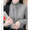 Camisa de terciopelo acanalado con cuello semi-alto, nueva camisa básica de manga larga de color liso para otoño e invierno, para madres