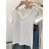 Al por mayor Transfronterizo Verano 210g 40 Unidades Hilo de Algodón Cuello en V Hombro Derecho Ajustado Manga Corta Camiseta Mujer Talla Grande Top