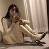 Botas de tacón alto de punta blanca estilo coreano, por debajo de la rodilla, con tacones gruesos, Botas largas elásticas ajustadas, Adecuadas para personas menudas, Botas de montar