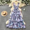 Vestido Floral Francês Estilo Princesa Doce para Mulheres, Vestido Longo de Verão com Decote V Sem Mangas de Cintura Alta em Linha A, Elegante Vestido para o Dia a Dia