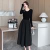 Otoño 2024 Nuevo Vestido Negro de Manga Larga con Interior para Mujer Estilo Hepburn Elegante Cintura Ajustada Adelgazante Combinable Vestido Largo